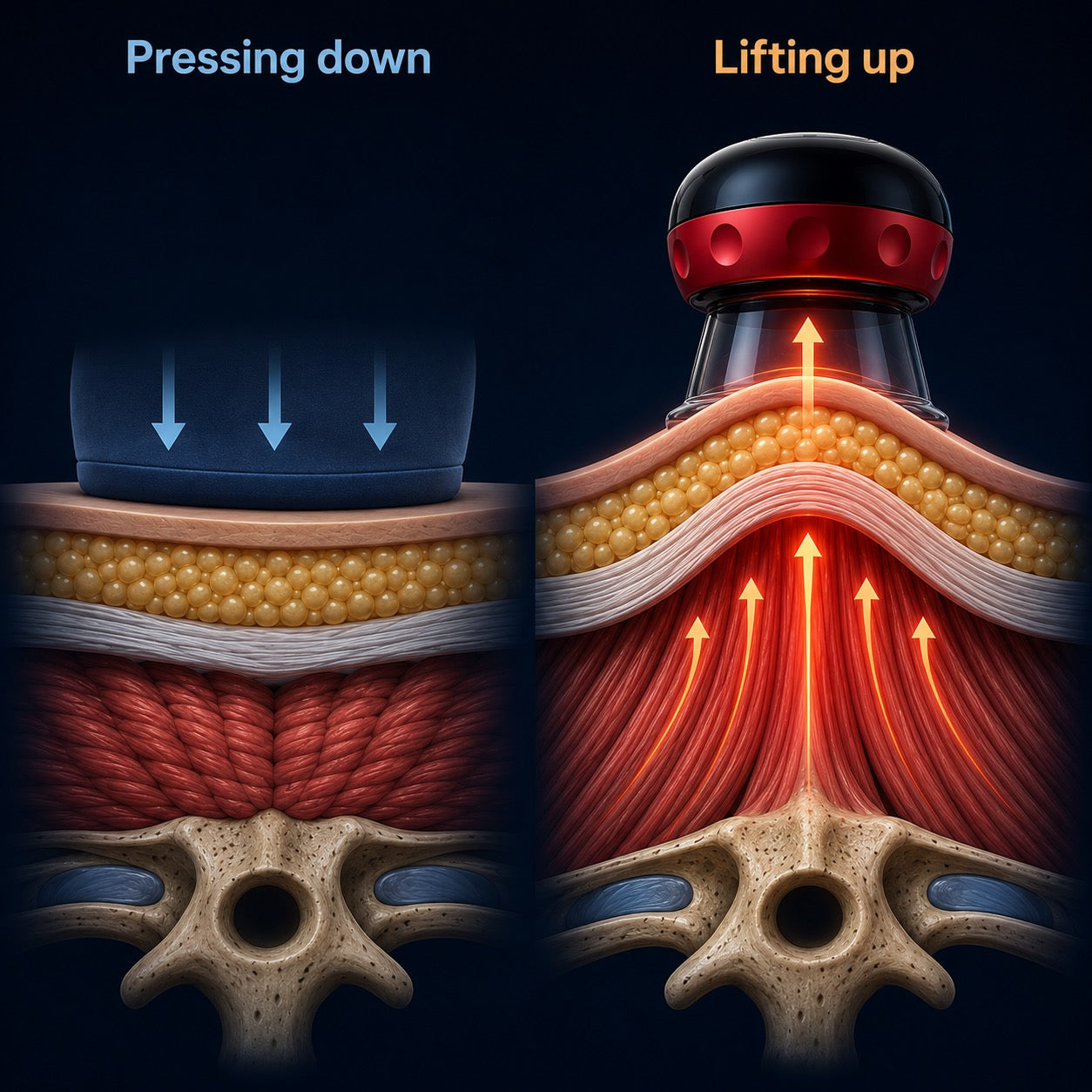 Diagram: pressing the muscle down versus lifting it up