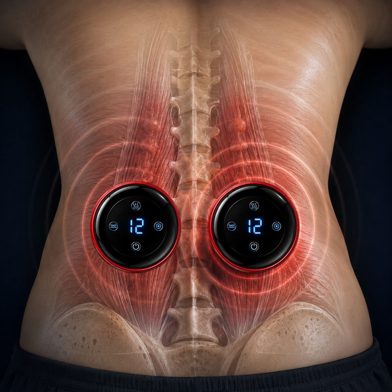 Diagram: rhythmic vibration across the lower back