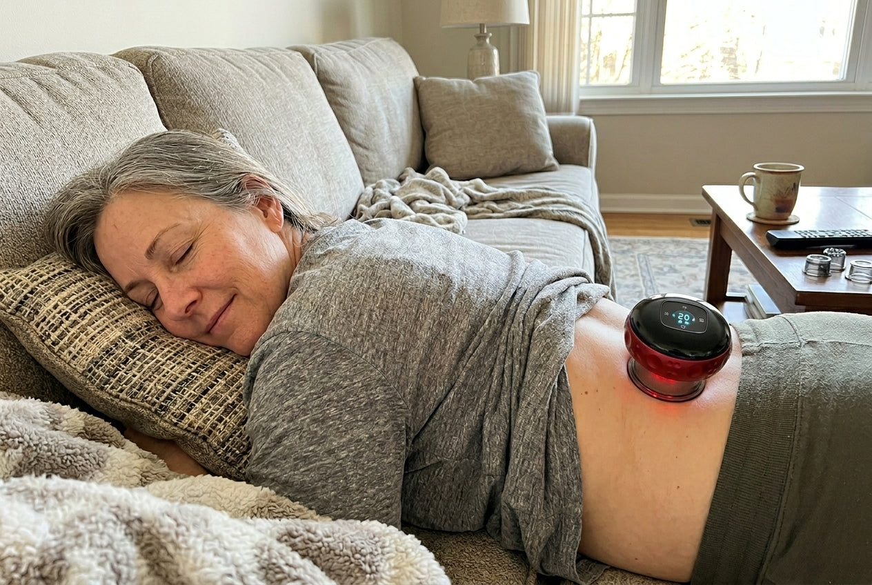 Sarah relaxing on her sofa with the Cordia Smart Cupper resting on her lower back