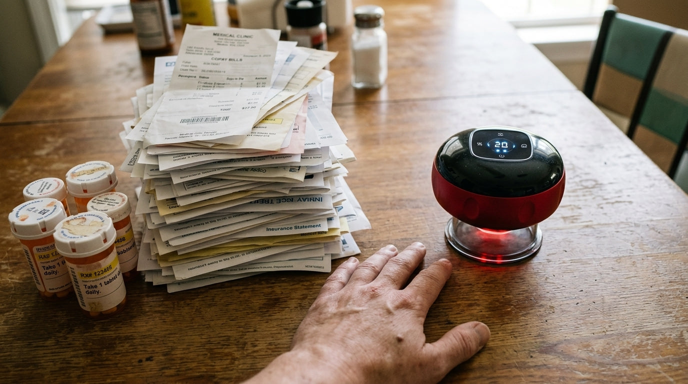 A tall stack of medical bills and pill bottles on a table, next to a single Cordia Smart Cupper